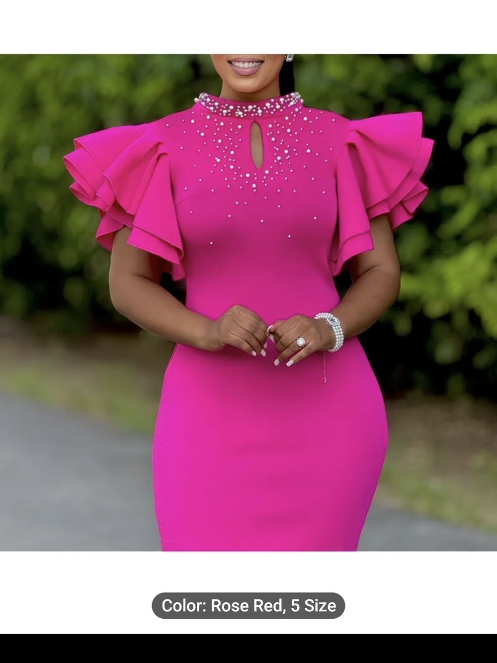 Embellished Ruffle Sleeve Midi Dress in Hot Pink